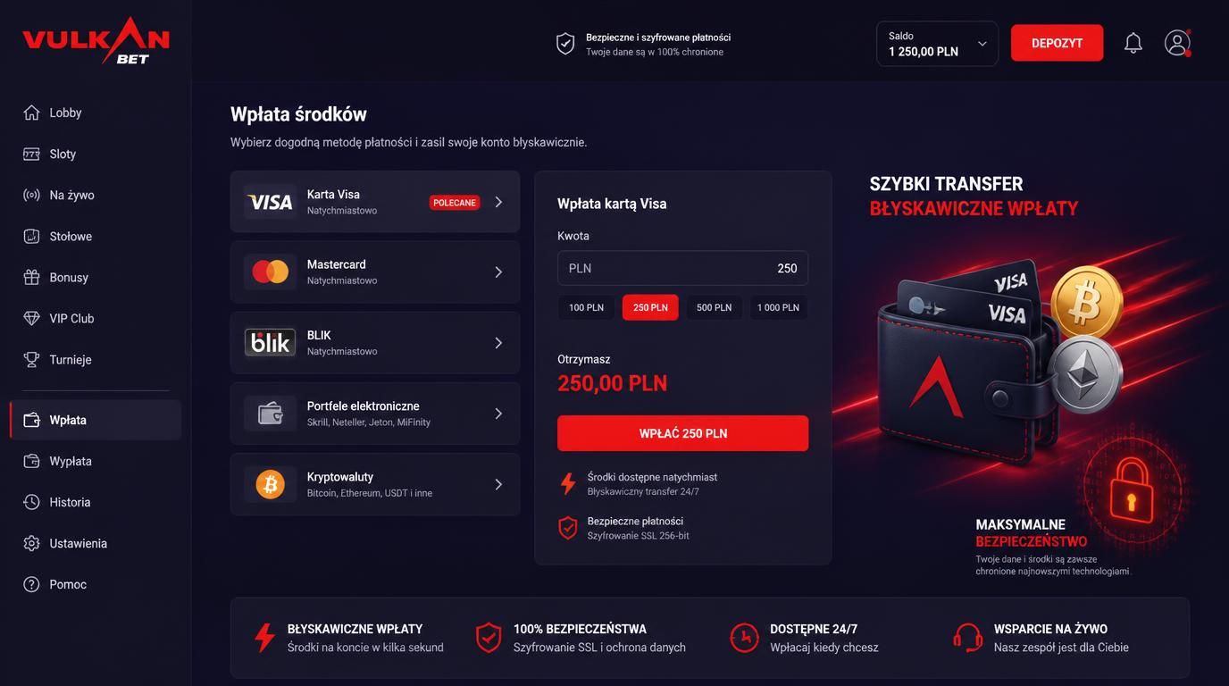 Różne metody wpłat: karta, BLIK, kryptowaluty.