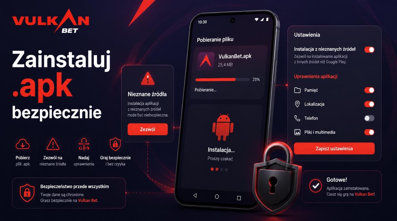 ekran instalacji apk z komunikatami uprawnień, ikony Androida, symbol bezpieczeństwa