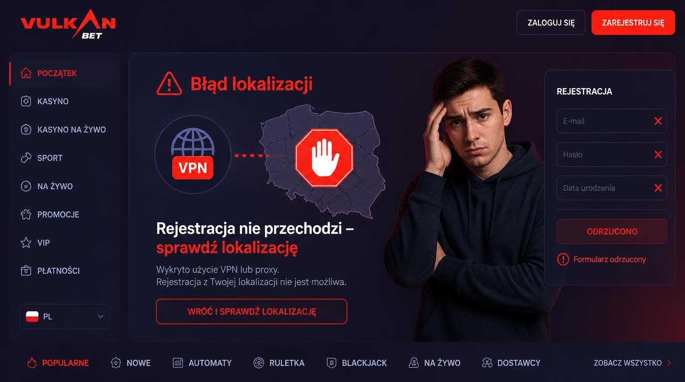 Komunikat błędu lokalizacji i odrzucenia rejestracji. 