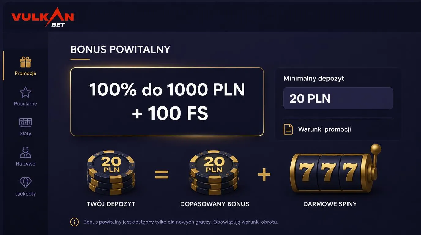 Panel bonusu powitalnego z ofertą 100% do 1000 PLN, 100 darmowymi spinami i minimalnym depozytem 20 PLN