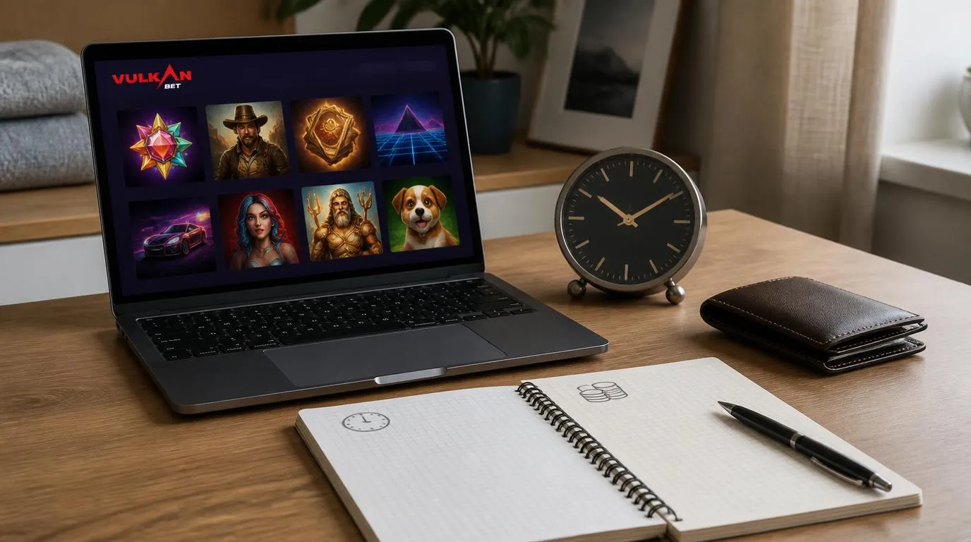 Laptop z katalogiem gier, zegar i notes do planowania czasu oraz budżetu na rozrywkę