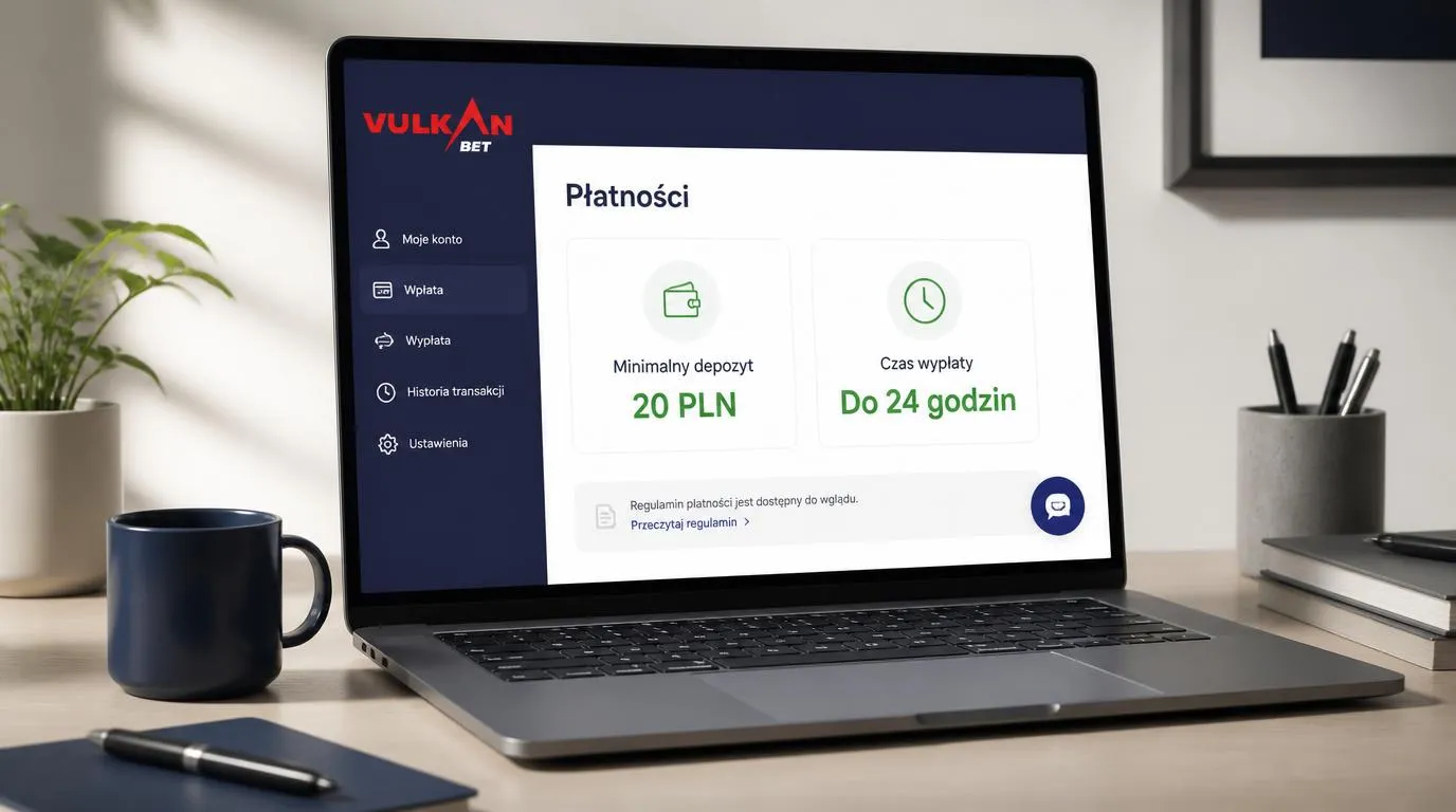 Panel płatności z minimalnym depozytem 20 PLN, czasem wypłaty do 24 godzin i ikoną pomocy