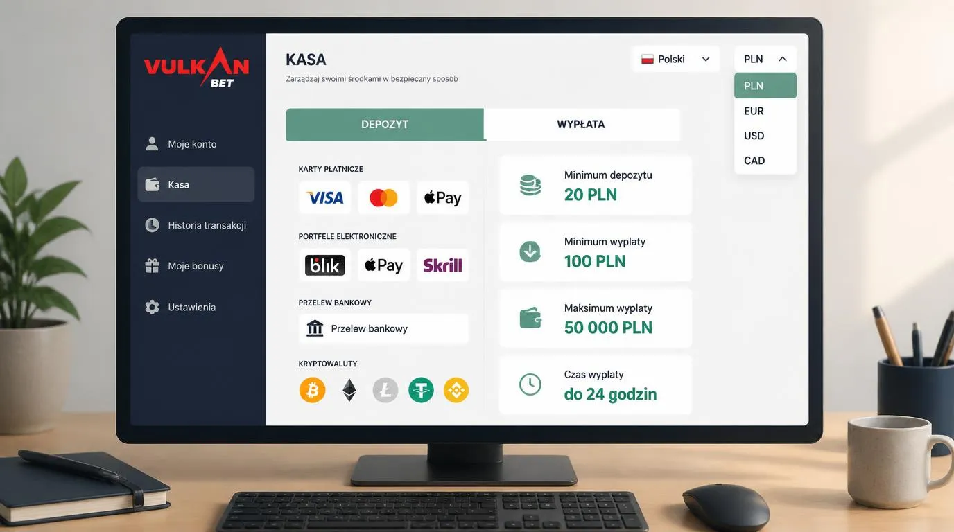 Panel kasy w języku polskim z saldem PLN, metodami płatności oraz limitami wpłat i wypłat